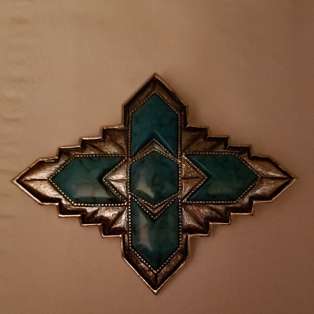 2 items: Turquoise and Silver Brooch & Red Punched Leather Belt 44" long